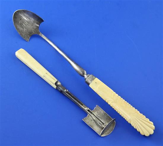 A George III ivory handled silver stilton scoop by Samuel Pemberton & one other.